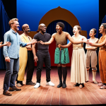 ** A group of diverse stage actors from different countries joyfully collaborating and rehearsing on a vibrant stage, showcasing cross-cultural exchange and teamwork in a theater setting. The backdrop features elements from various theatrical traditions.

**