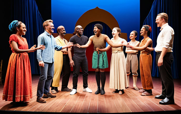 ** A group of diverse stage actors from different countries joyfully collaborating and rehearsing on a vibrant stage, showcasing cross-cultural exchange and teamwork in a theater setting. The backdrop features elements from various theatrical traditions.

**